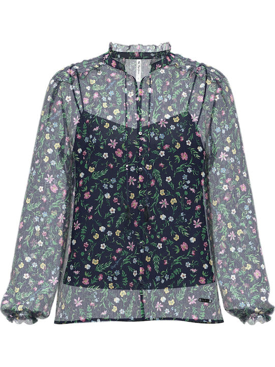 Gulsen Summer Tunic Long Sleeve Floral Navy Blue