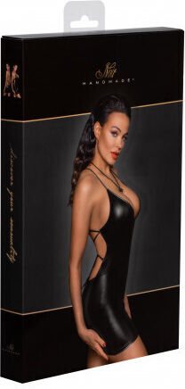 Noir Handmade Powerwetlook Leder- und Latex-Outfit Minikleid mit geschnürtem Rücken Schwarz