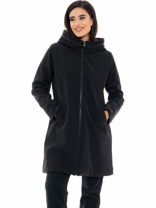 Women's Long Puffer Jacket for Winter with Hood Black