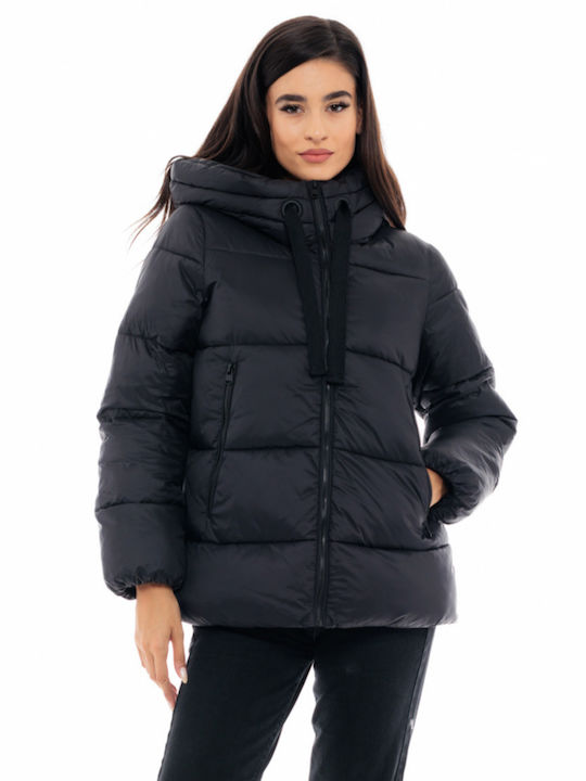 Women's Short Puffer Jacket for Winter with Hood Black