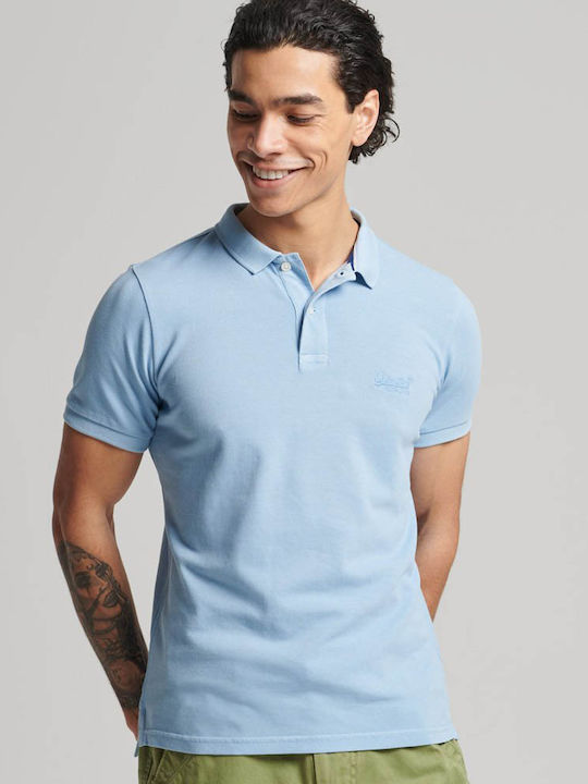 Organic Cotton Vintage Destroy Polo Short Sleeve Light Blue Blouse