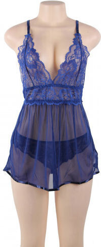 CyprusLoveShop Mesh Chemise with String Set Babydoll Sexy Blue