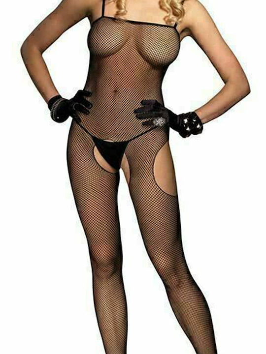 Leg Avenue Bodystocking Sexy Plasă Cu Bretele Deschise Cu Părți Laterale Deschise Și Fără Chilot Negru