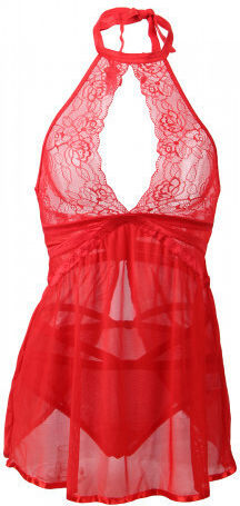 CyprusLoveShop Flyaway Chemise with Thong Σετ Sexy Babydoll με Δαντέλα & Διαφάνεια Hot Red