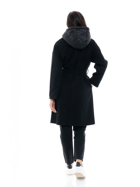 Splendid Γυναικείο Μαύρο Παλτό με Κουκούλα