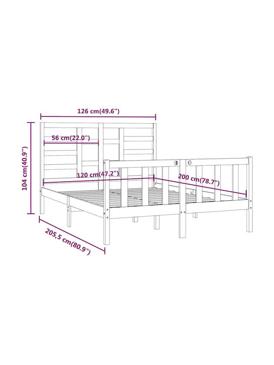 Pat Semi-dublu Din Lemn Masiv Gri Cu Plăci Potrivit Pentru Saltea 120x200cm