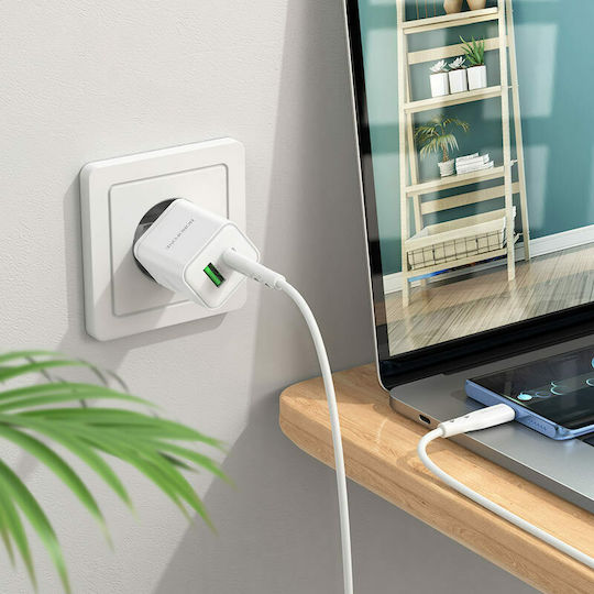 Borofone Charger with USB-A Port and USB-C Port and Cable USB-C - Lightning 20W Power Delivery Whites (BN7)