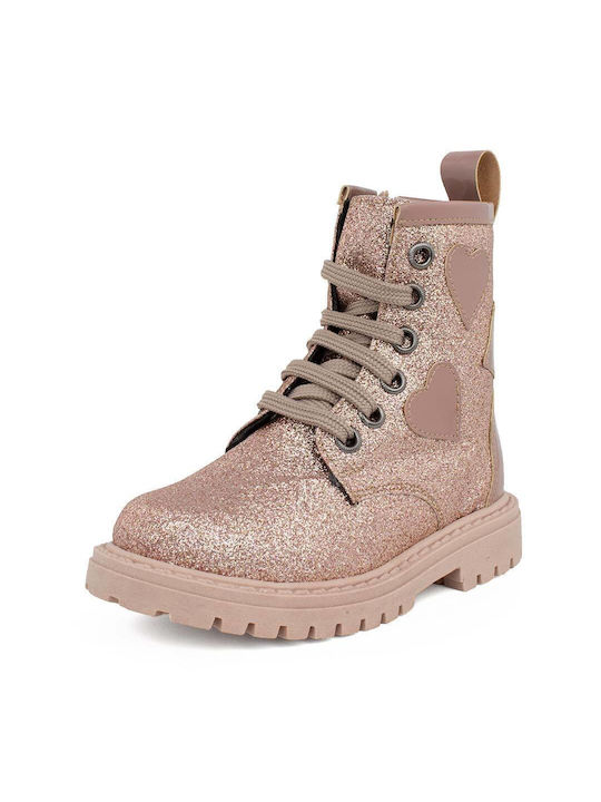 Ricco Mondo Kids Leather Military Boots with Zipper Pink