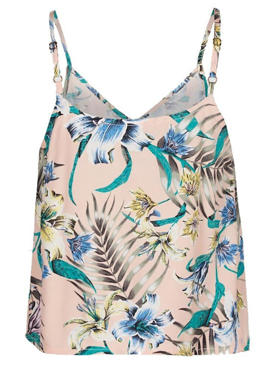 Damen Sommer Bluse mit Trägern & V-Ausschnitt Blumen Beige