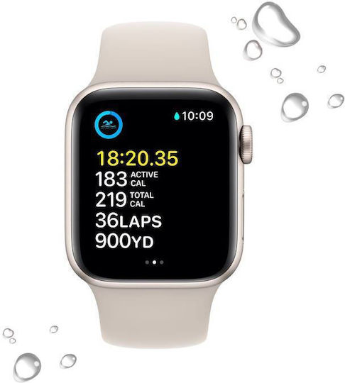 Apple Watch SE 2022 Aluminium 40mm Waterproof with Heart Rate Monitor (Starlight with Starlight Sport Band)