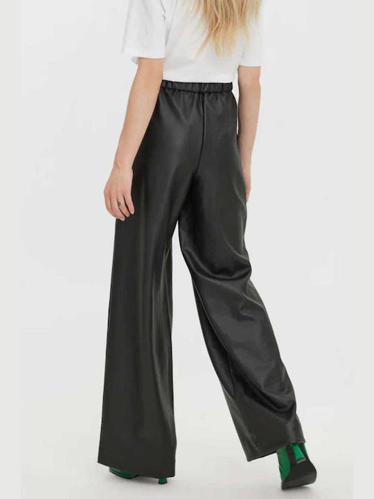 Vero Moda Γυναικείο Δερμάτινο Παντελόνι με Λάστιχο σε Wide Γραμμή Μαύρο