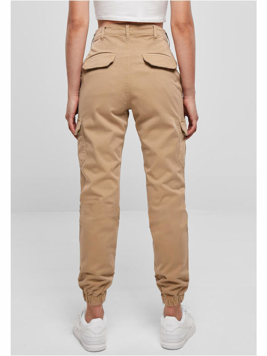 Urban Classics Women's High-waisted Cotton Cargo Trousers Beige