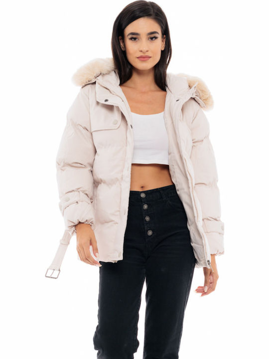 Women's Short Puffer Jacket for Winter with Hood Beige
