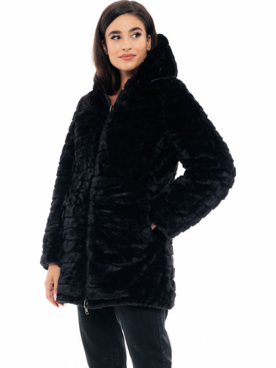 Women's Long Puffer Jacket Double Sided for Winter with Hood Black