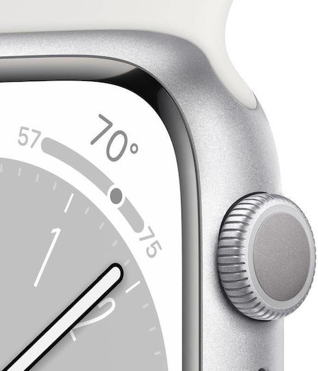 Apple Watch Series 8 Aluminium 45mm Waterproof with Heart Rate Monitor (Silver with White Sport Band)