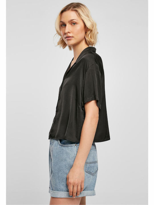 Women's Satin Short Sleeve Shirt Black
