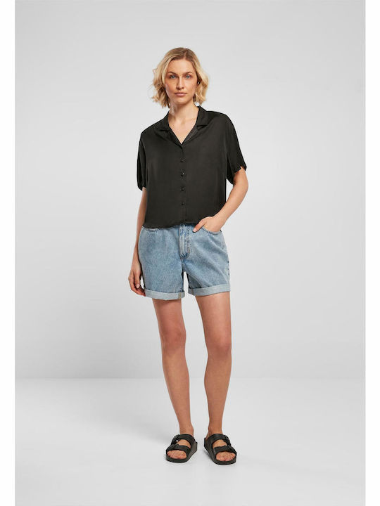 Women's Satin Short Sleeve Shirt Black