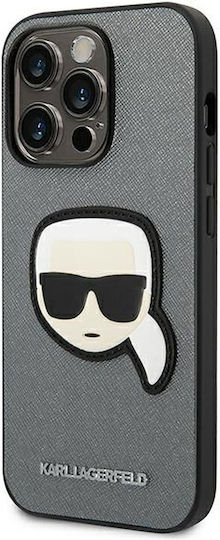 Karl Lagerfeld Saffiano With Karl Head Patch Umschlag Rückseite Silikon Silber (iPhone 14 Pro Max)