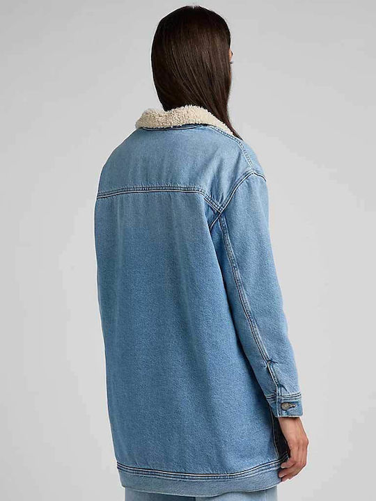 Lee Sherpa Rider Women's Long Jean Jacket for Spring or Autumn Blue