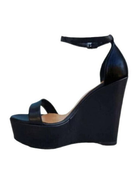 Women's Leather Ankle Strap Platforms Black