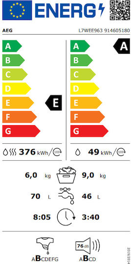 AEG L7WEE963 Mașină de spălat cu uscător 9kg/6kg Cu aburi 1600 Rotiri