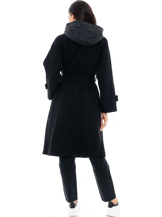 Damen Schwarz Mantel Oversized mit Kapuze