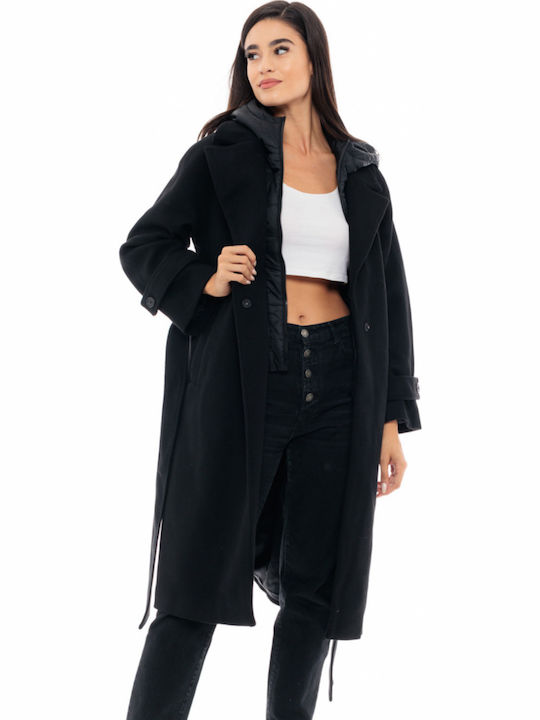 Damen Schwarz Mantel Oversized mit Kapuze