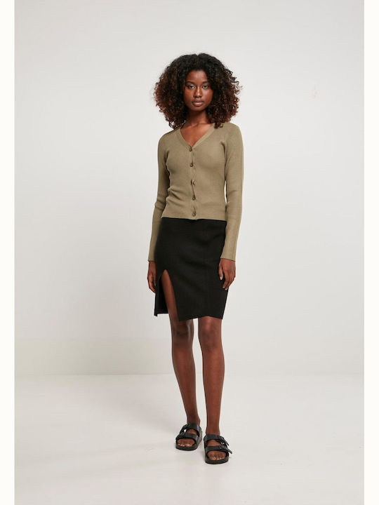 Short Women's Knitted Cardigan with Buttons Khaki