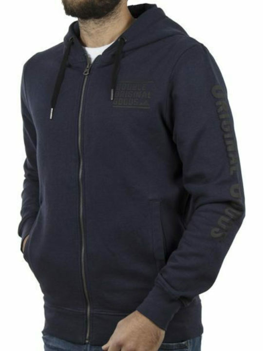 Double Men's Sweatshirt Jacket with Hood and Pockets Navy Blue