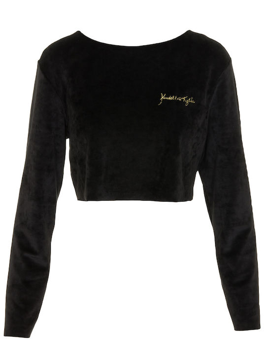 Women's Crop Top Velvet Long Sleeve Black