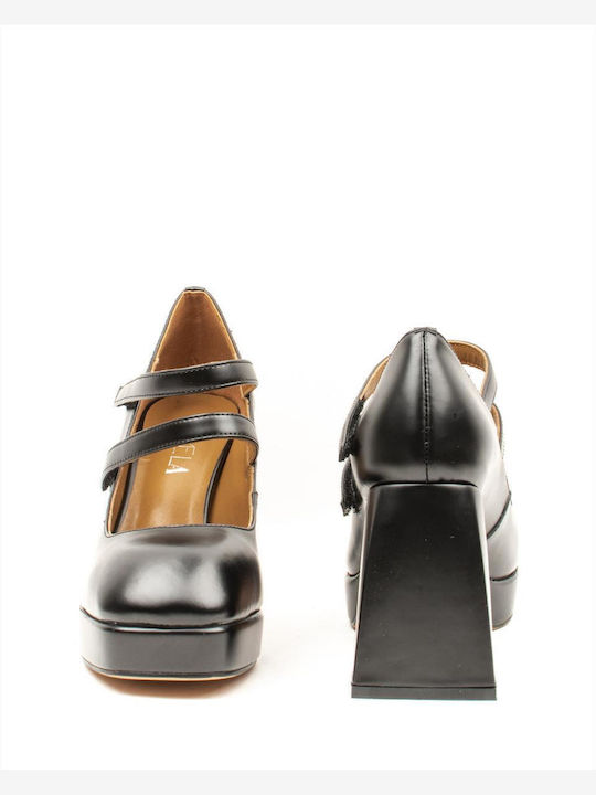 Leather Black High Heels with Strap Carolina