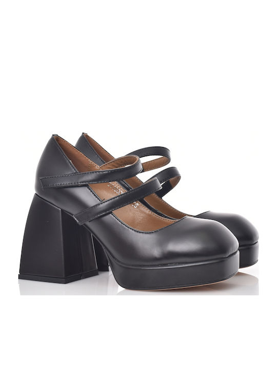 Leather Black High Heels with Strap Carolina