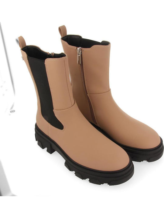 Leather Women's Chelsea Boots with Medium Heel Pink