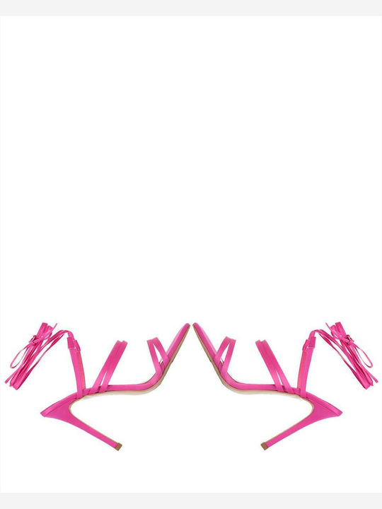 Fabric Women's Sandals with Laces Fuchsia with Thin High Heel