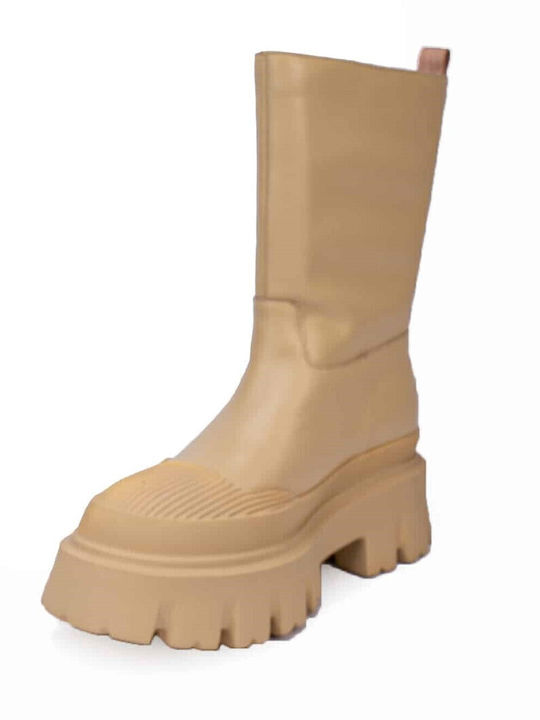 Vera Leather Women's Ankle Boots with Medium Heel Beige