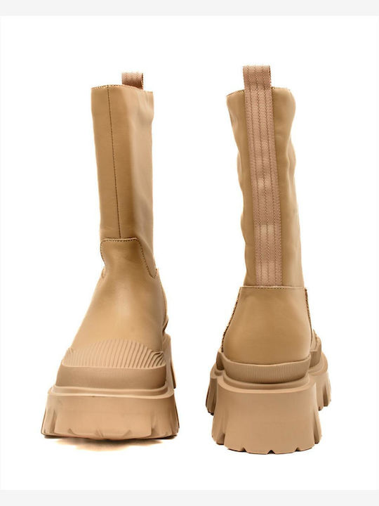 Vera Leather Women's Ankle Boots with Medium Heel Beige
