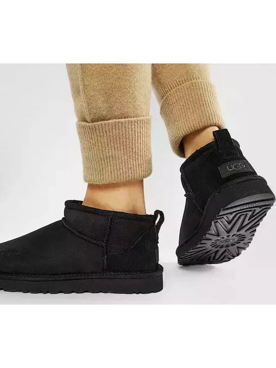 Classic Ultra Mini Suede Women's Ankle Boots with Fur Black