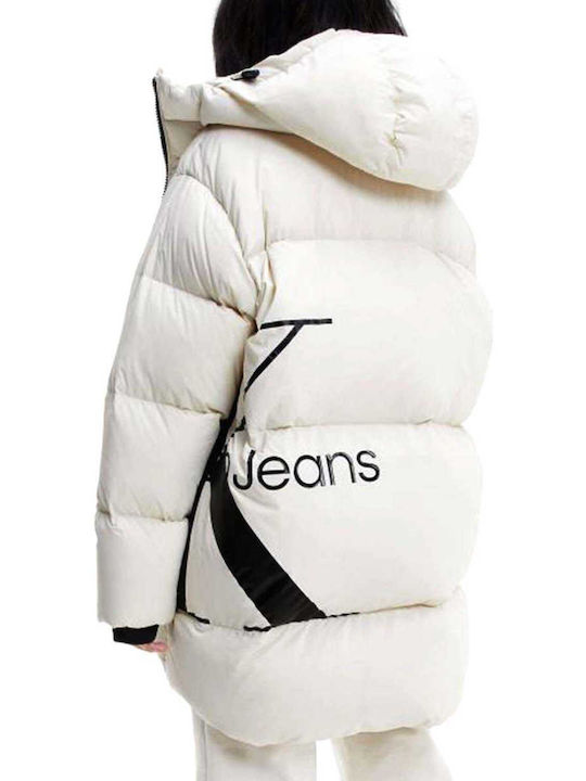 Calvin Klein Μακρύ Γυναικείο Puffer Μπουφάν για Χειμώνα Μπεζ