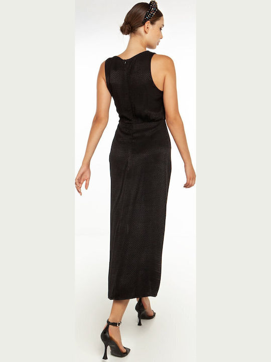Midi Evening Dress Satin with Slit Black