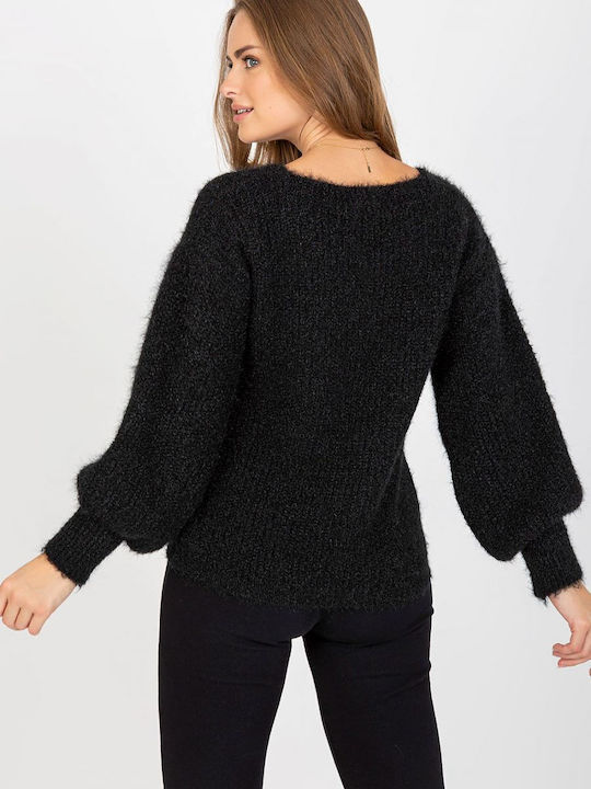 Och Bella Women's Long Sleeve Sweater Woolen with V Neckline Black