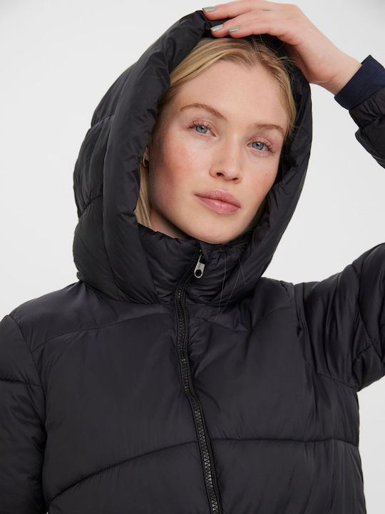 Women's Short Puffer Jacket for Winter with Hood Black
