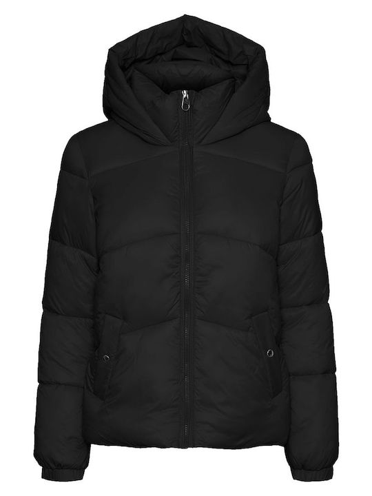 Women's Short Puffer Jacket for Winter with Hood Black
