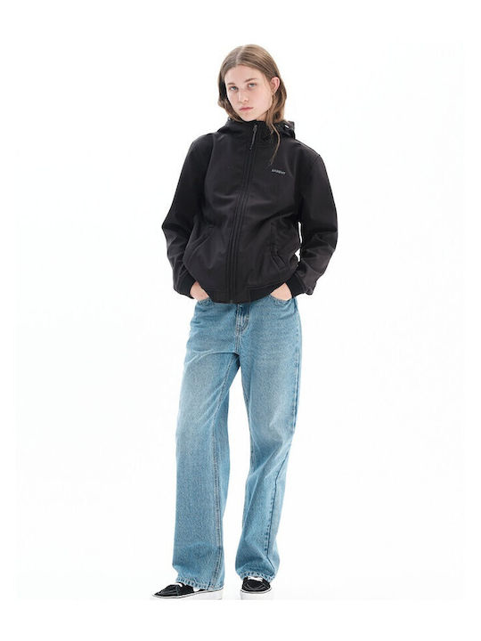 Women's Short Lifestyle Softshell Jacket Waterproof and Windproof for Winter with Detachable Hood Black