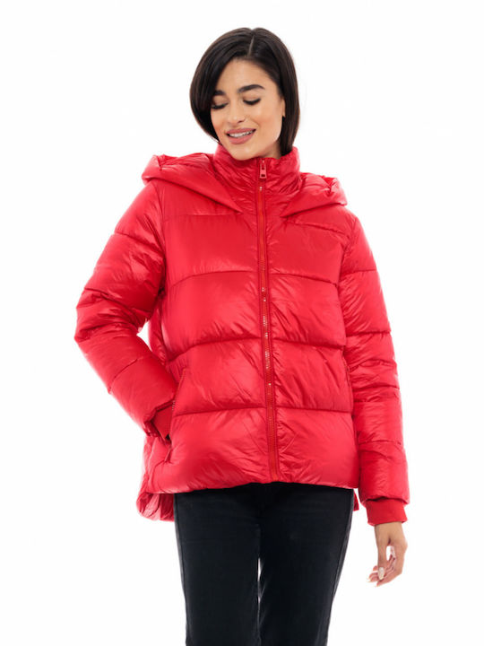 Splendid Women's Short Puffer Jacket for Winter with Hood Red