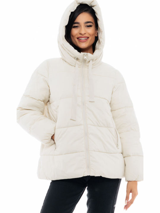 Women's Short Puffer Jacket for Winter with Hood Light Beige