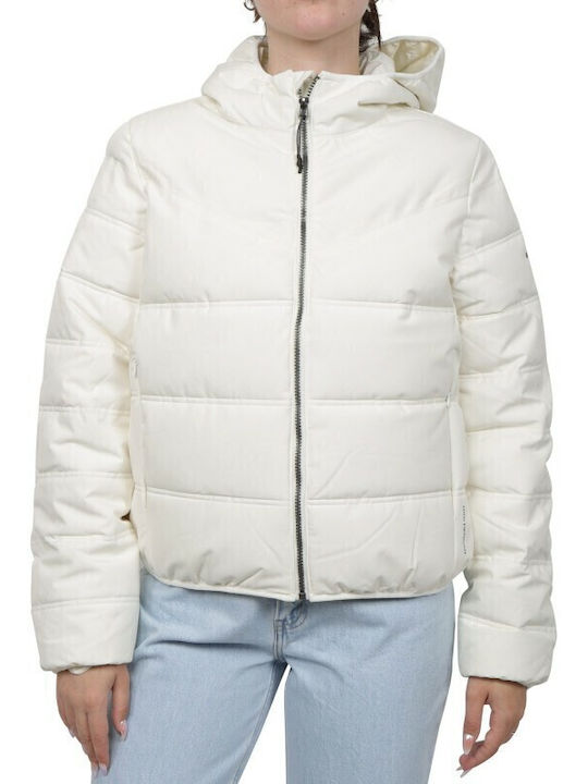 Women's Short Puffer Jacket Waterproof and Windproof for Winter with Hood White