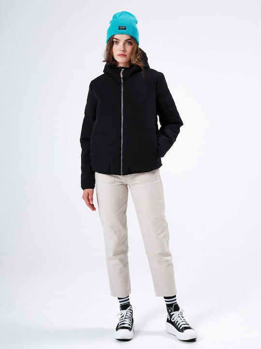 Women's Short Puffer Jacket Waterproof and Windproof for Winter with Hood Black