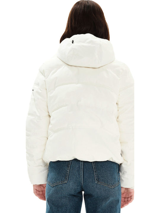 Women's Short Puffer Jacket Waterproof and Windproof for Winter with Hood White