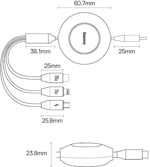 Baseus Bright Mirror 2 Retractable USB to Type-C / Lightning / micro USB Cable Μωβ 1.1m (CAMJ010205)