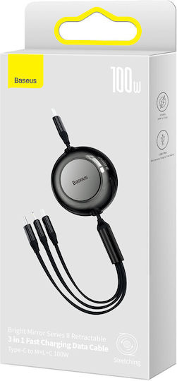 Baseus Bright Mirror 2 Retractable USB to micro USB / Type-C / Lightning Cable Μαύρο 1.1m (CAMJ010201)